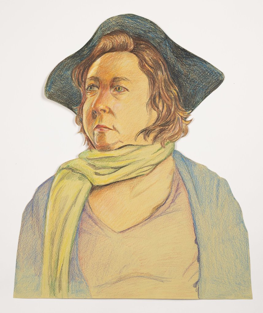 Color pencil portrait of a woman wearing a hat